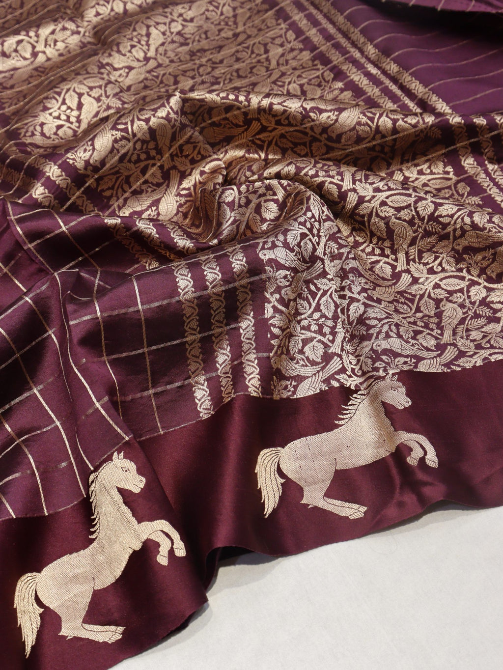 Dark Plum Soft Katan Banarasi saree front drape view