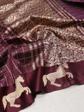 Dark Plum Soft Katan Banarasi saree front drape view