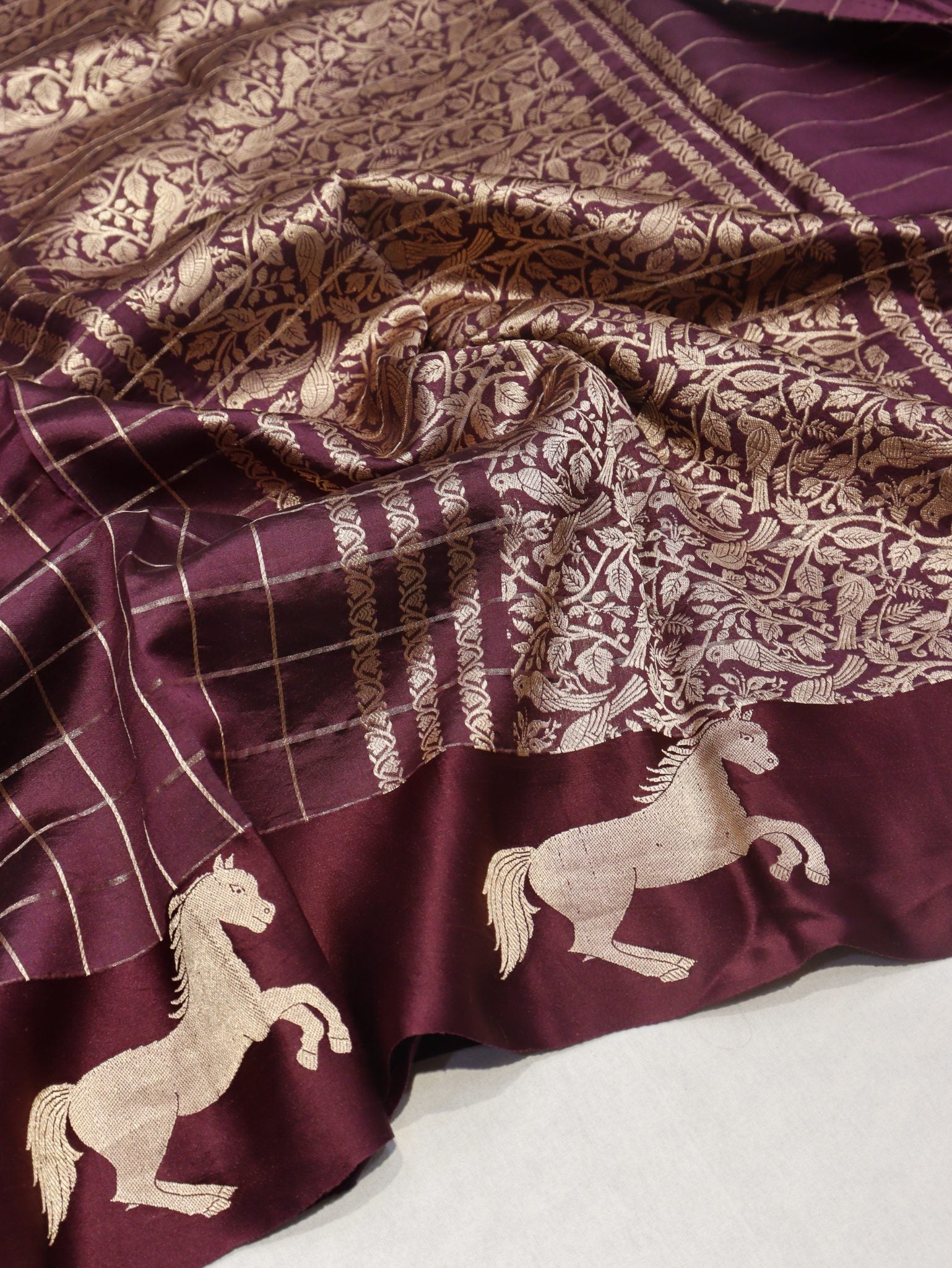 Dark Plum Soft Katan Banarasi saree front drape view