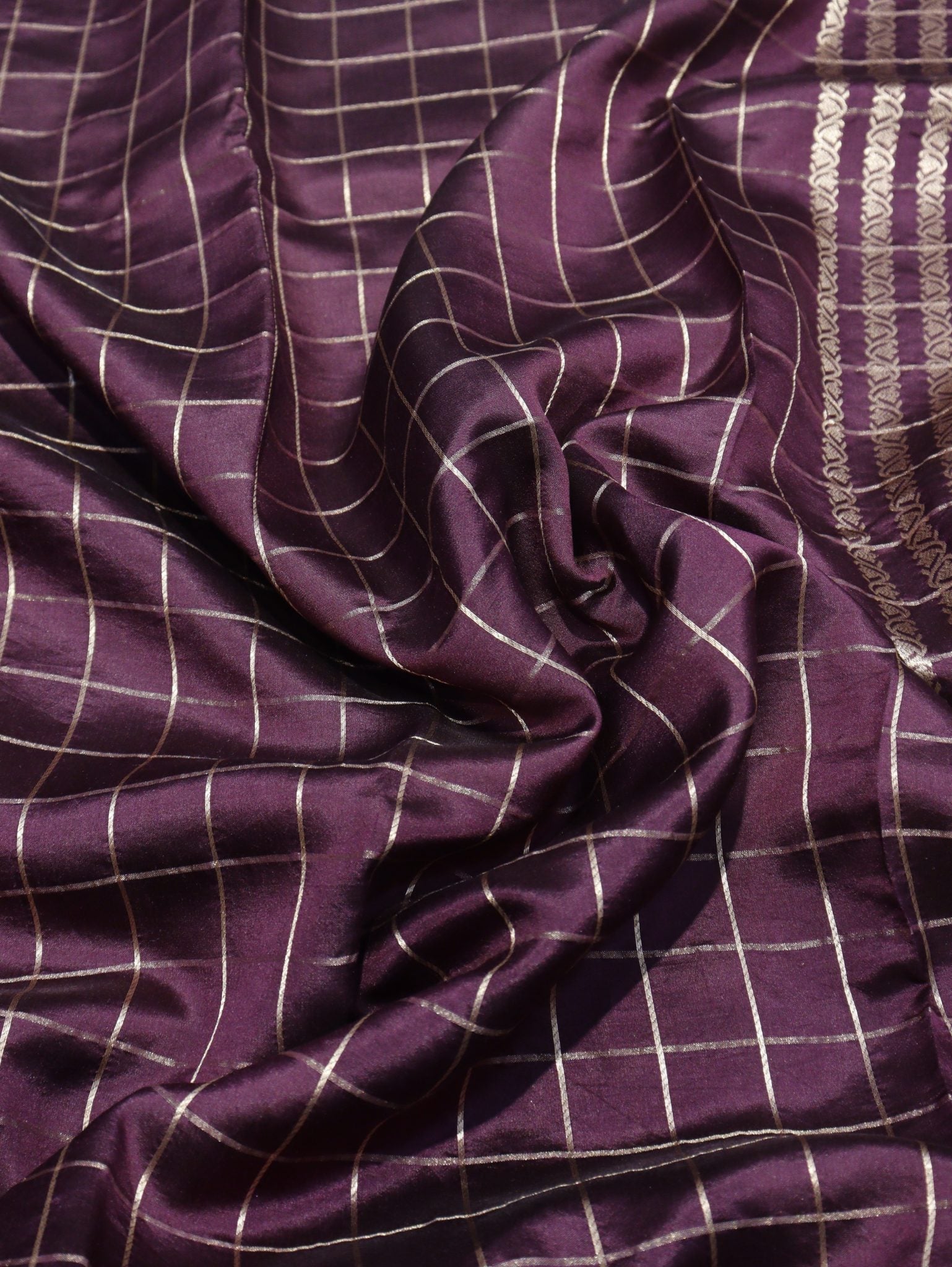 Dark Plum Soft Katan Banarasi saree pallu detail
