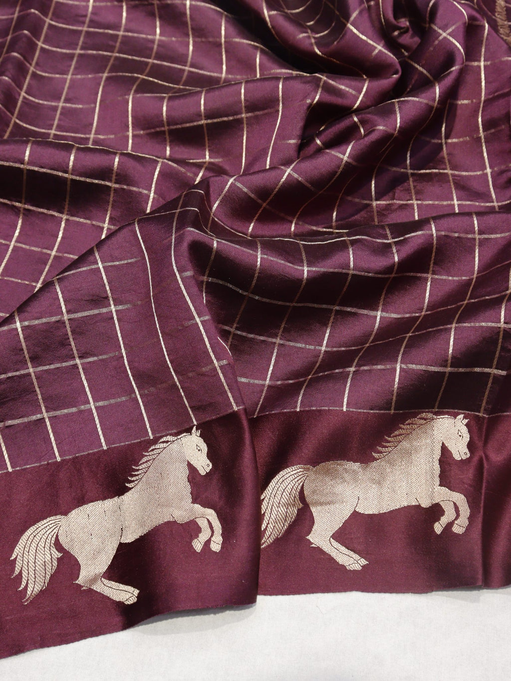 Dark Plum Soft Katan Banarasi saree border closeup