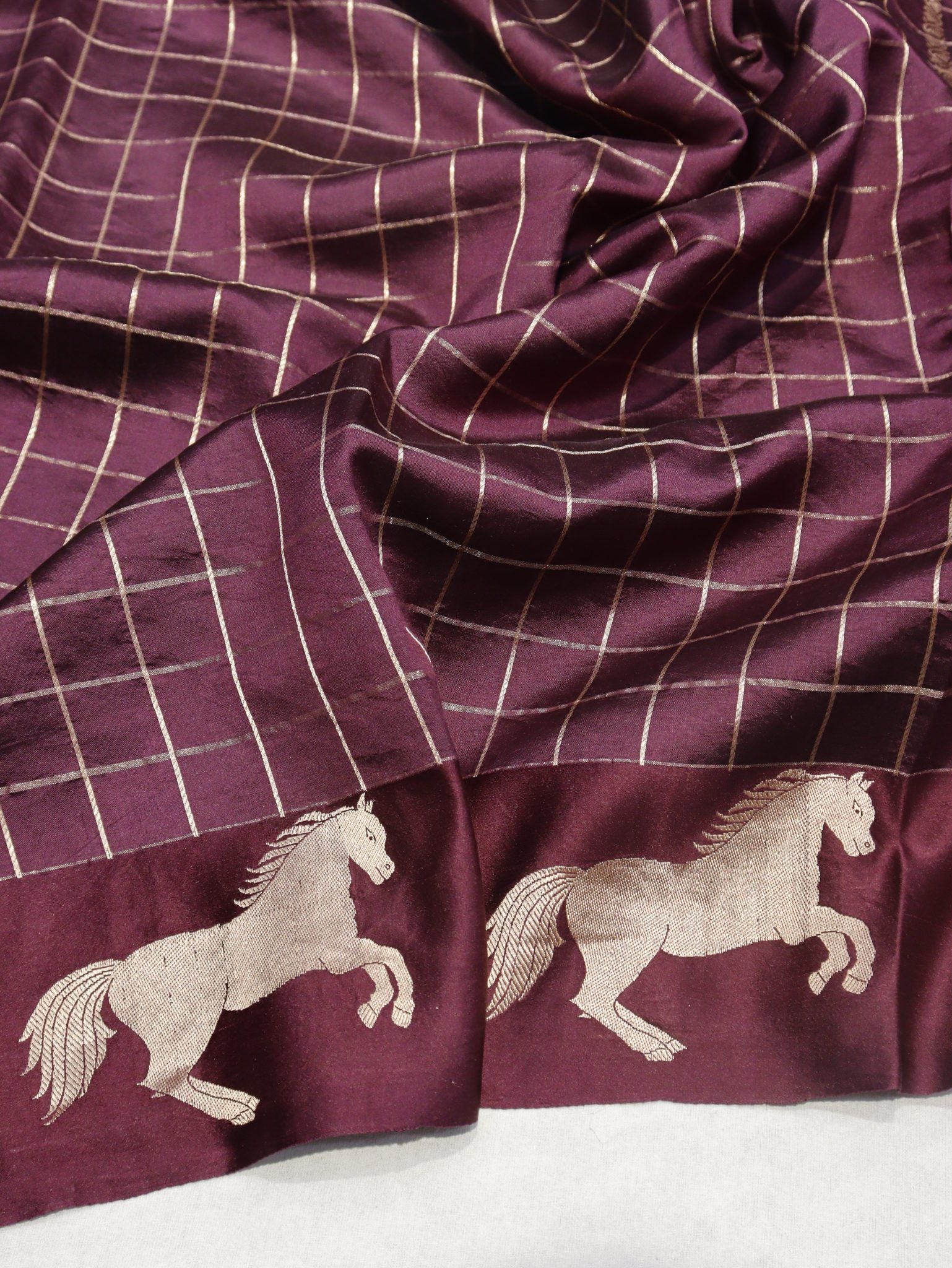 Dark Plum Soft Katan Banarasi saree border closeup