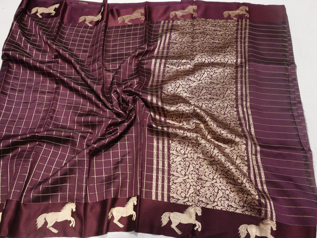 Dark Plum Soft Katan Banarasi saree texture detail