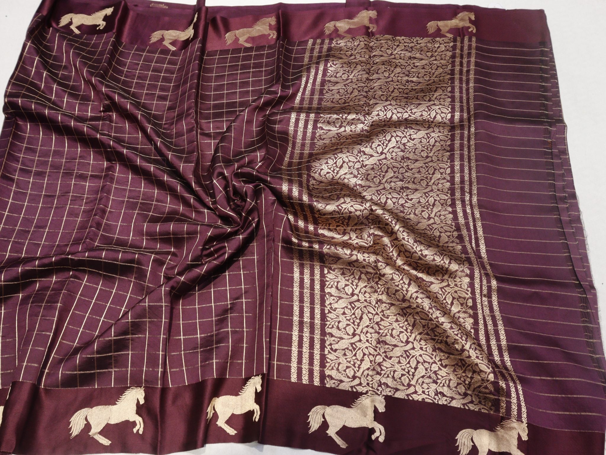 Dark Plum Soft Katan Banarasi saree texture detail