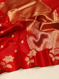 Red Soft Katan Banarasi saree front drape view