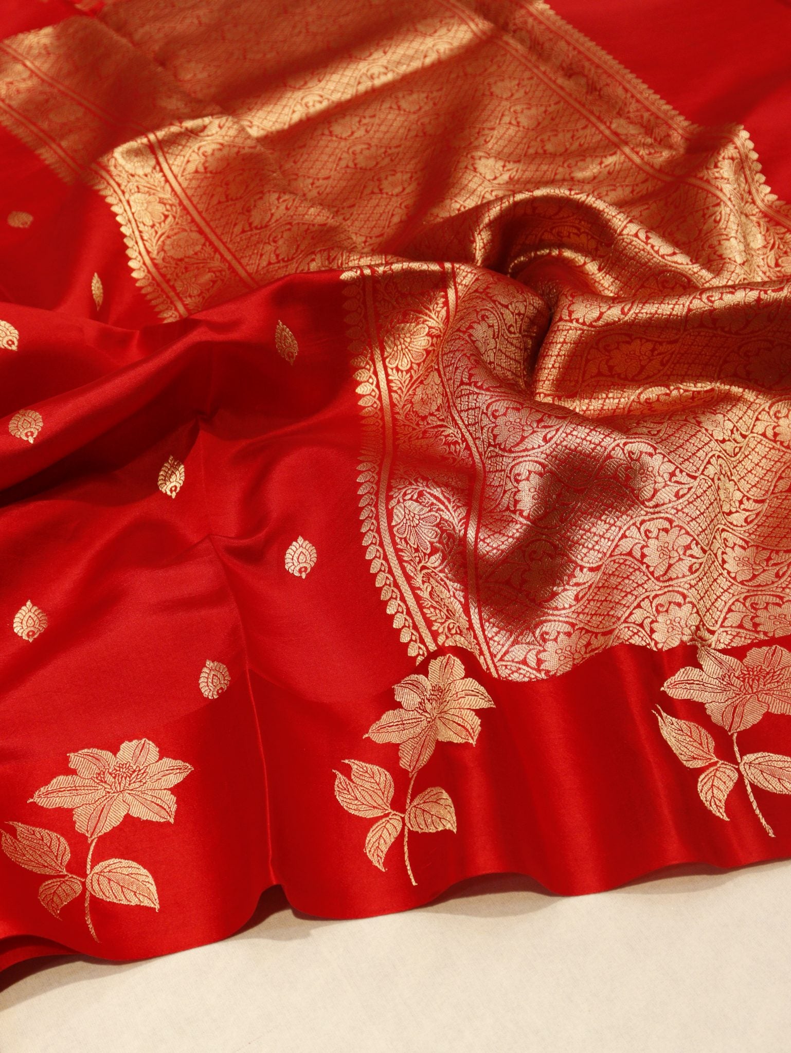 Red Soft Katan Banarasi saree front drape view