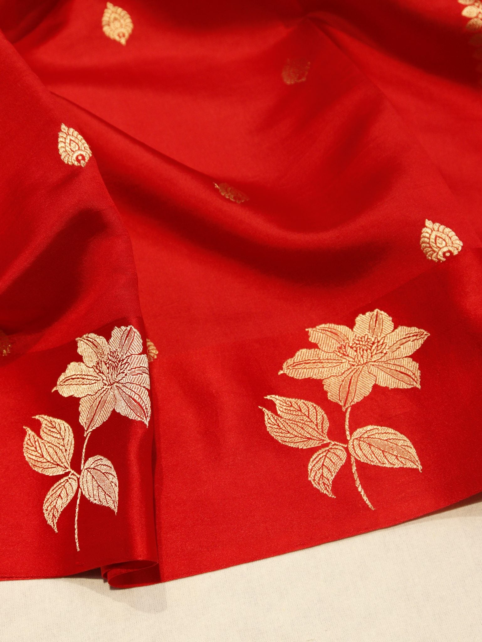 Red Soft Katan Banarasi saree texture detail