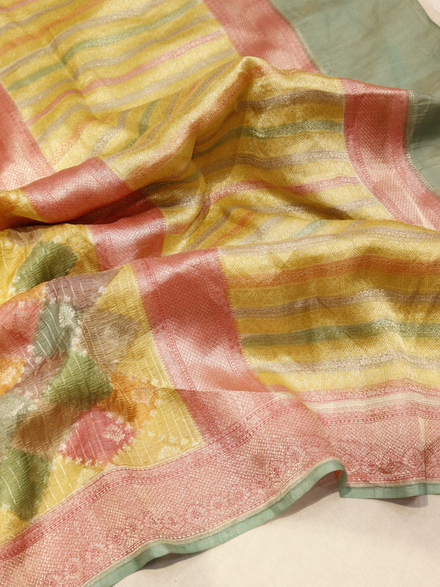 Yellow Pure Tissue Tussar Georgette Banarasi saree front drape view