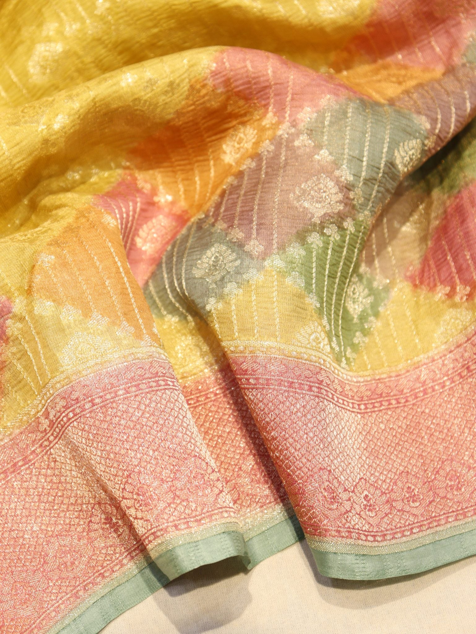 Yellow Pure Tissue Tussar Georgette Banarasi saree full spread