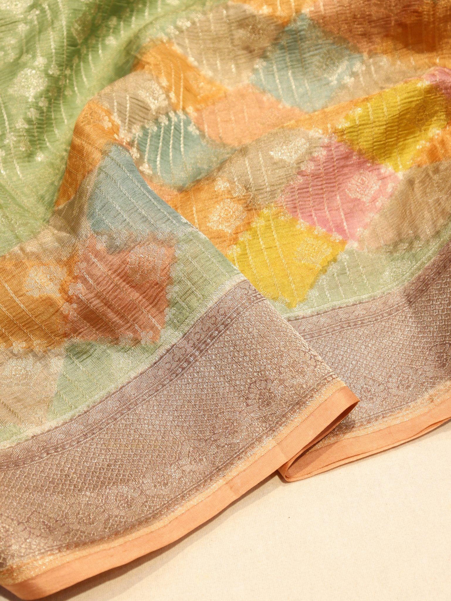 Green Pure Tissue Tussar Georgette Banarasi saree full spread