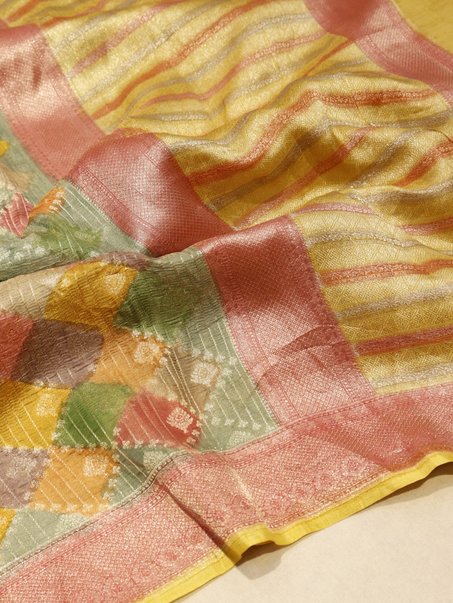 Green Pure Tissue Tussar Georgette Banarasi saree front drape view