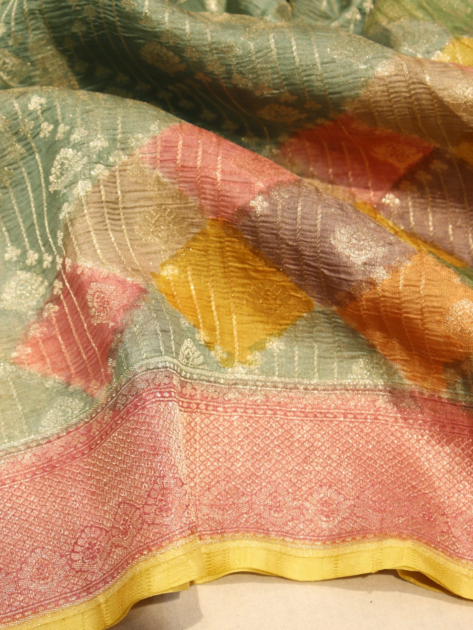 Green Pure Tissue Tussar Georgette Banarasi saree full spread