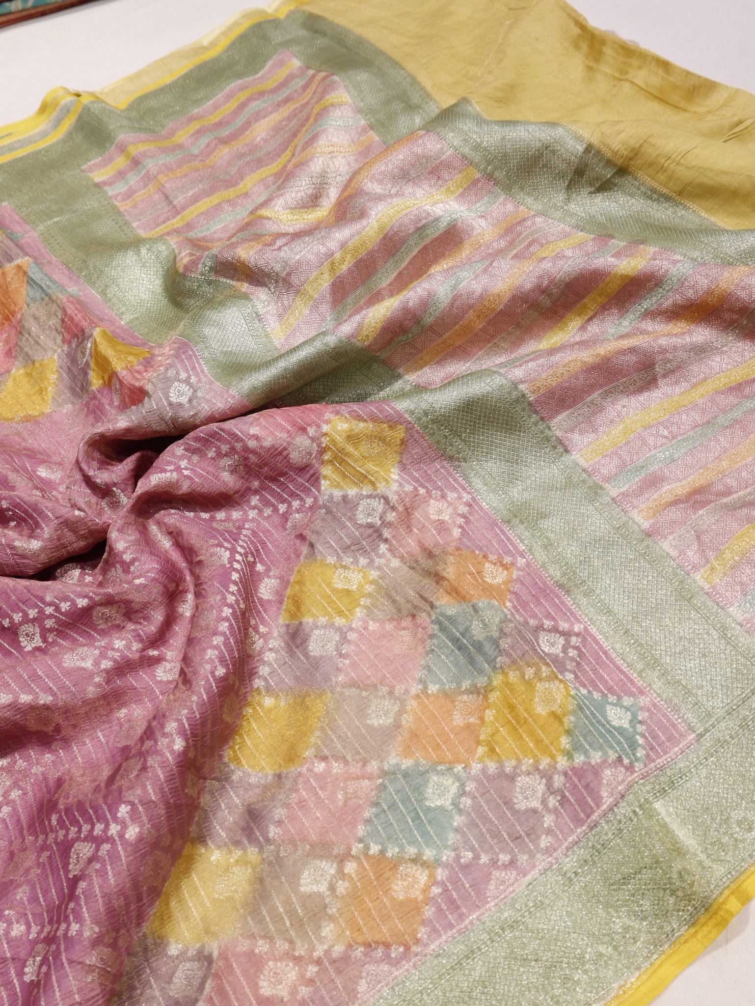 Onion Pink Tissue Tussar Georgette Banarasi saree front drape view