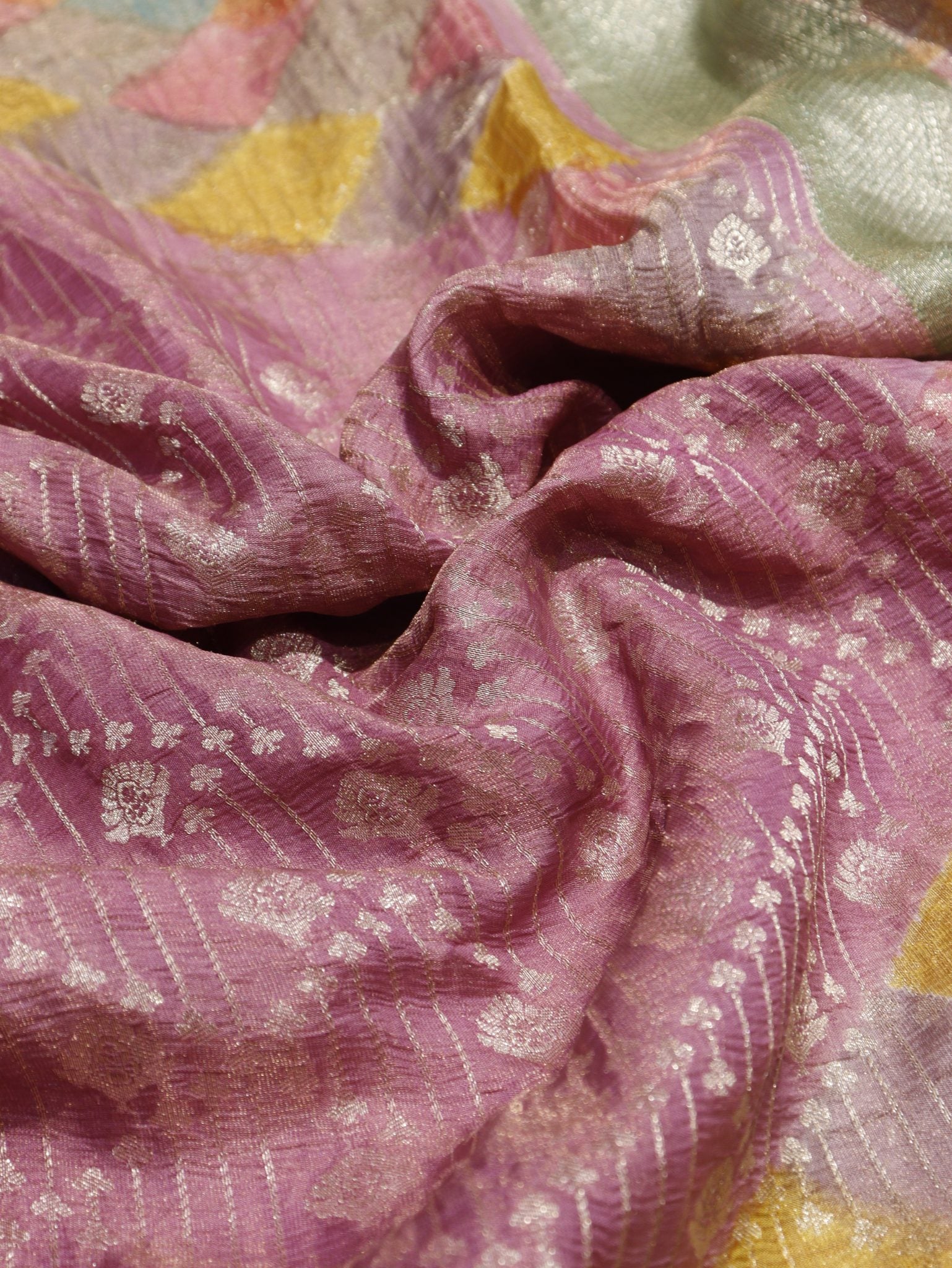 Onion Pink Tissue Tussar Georgette Banarasi saree pallu detail