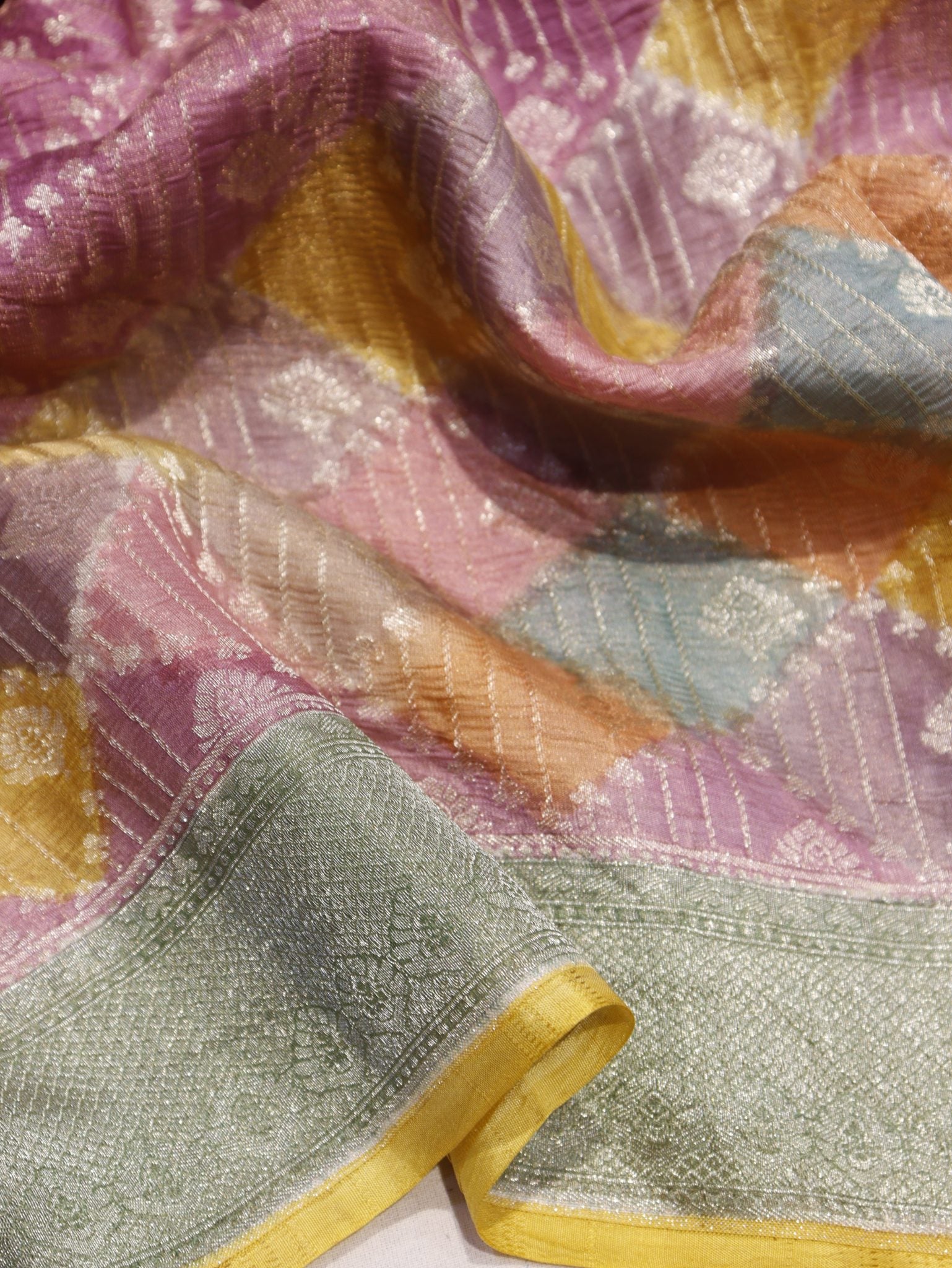 Onion Pink Tissue Tussar Georgette Banarasi saree full spread