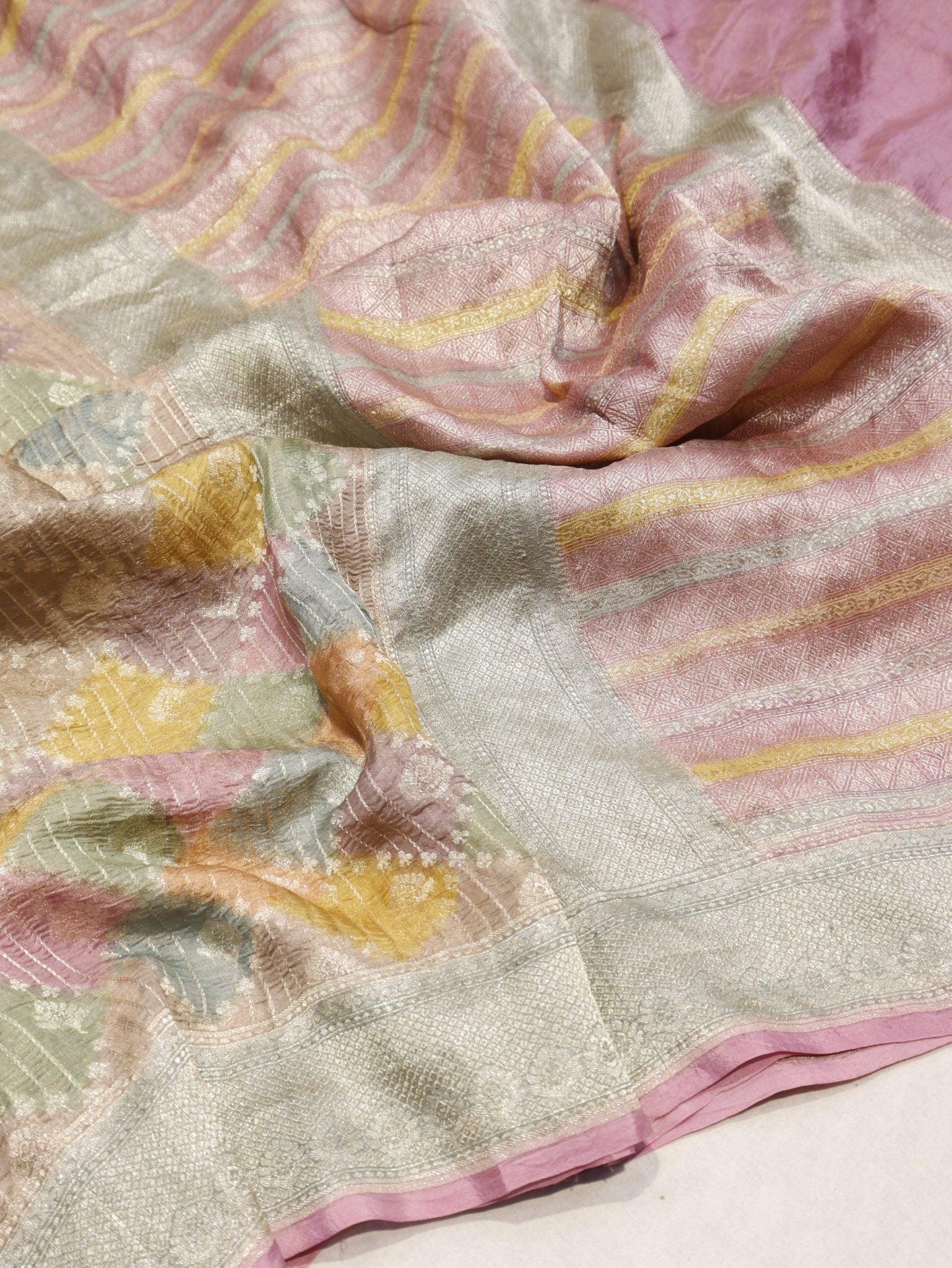 Taupe Pure Tissue Tussar Georgette Banarasi saree front drape view