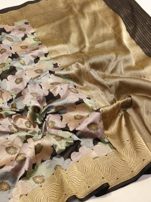 Black Katan Silk Banarasi saree pallu detail