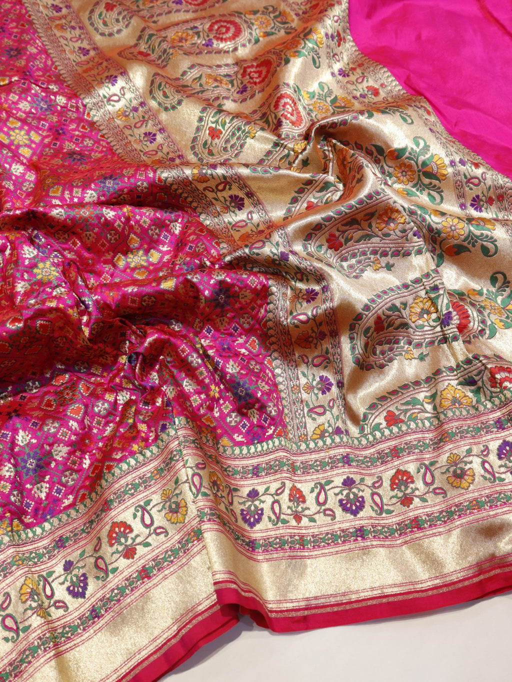 Pink Katan Silk Banarasi saree front drape view