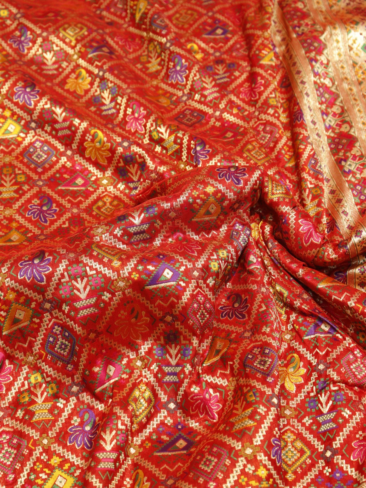 Red Katan Silk Banarasi saree border closeup