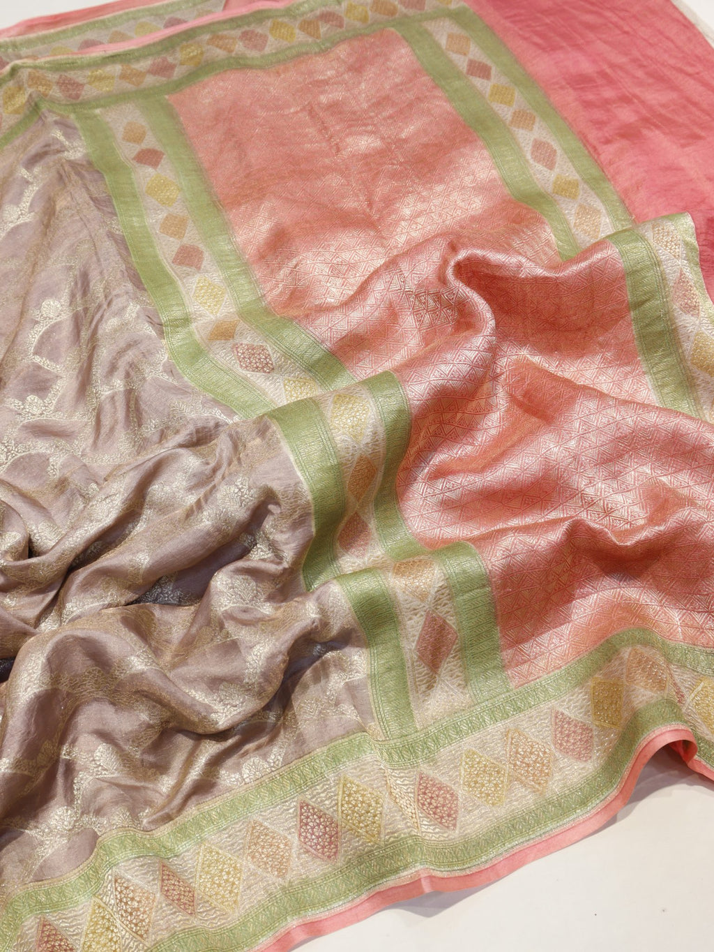 Taupe Pure Khaddi Tissue Banarasi saree pallu detail