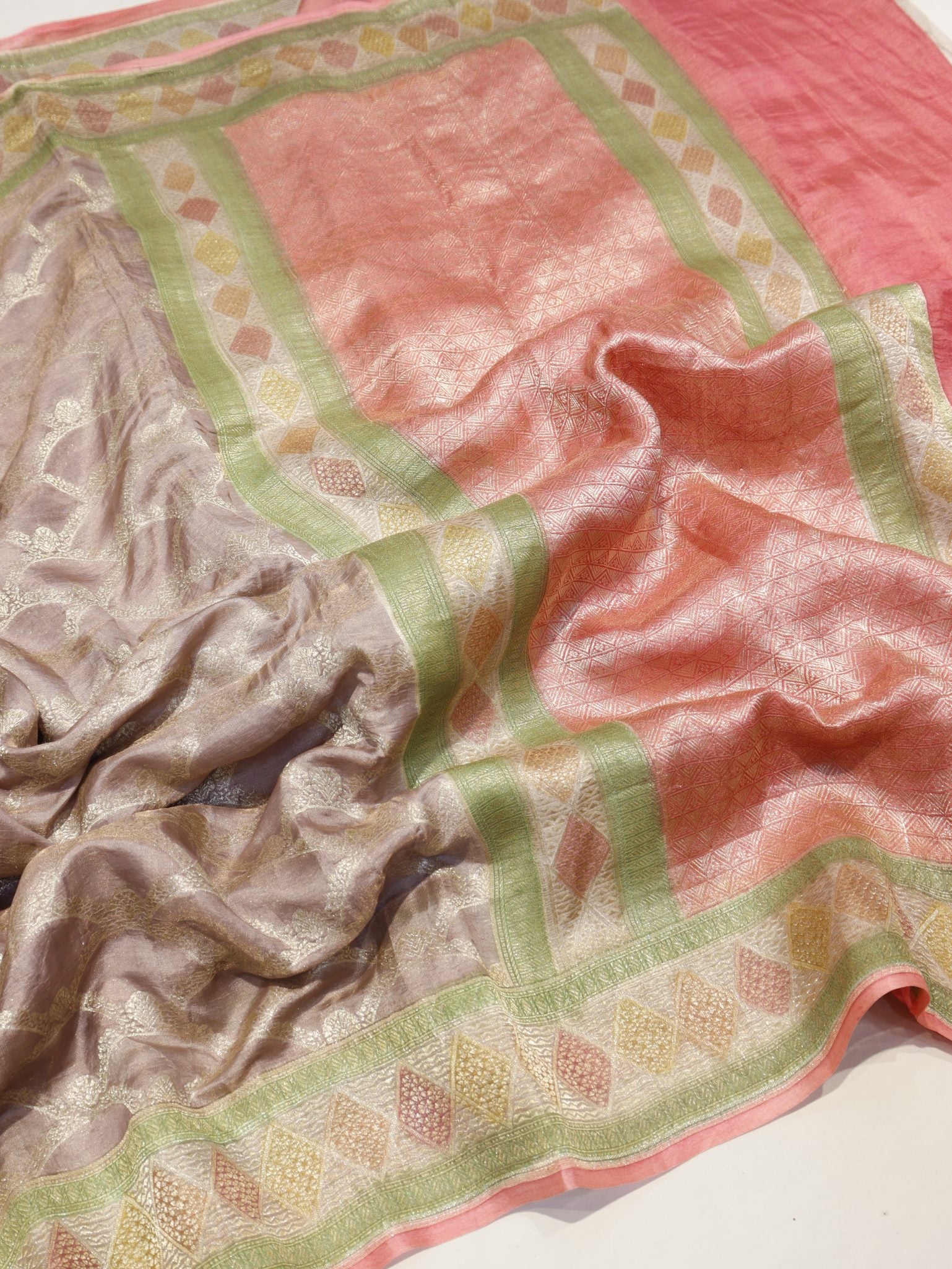 Taupe Pure Khaddi Tissue Banarasi saree pallu detail