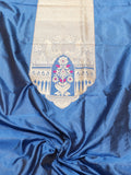 Peacock Blue Katan Silk Banarasi suit front drape view