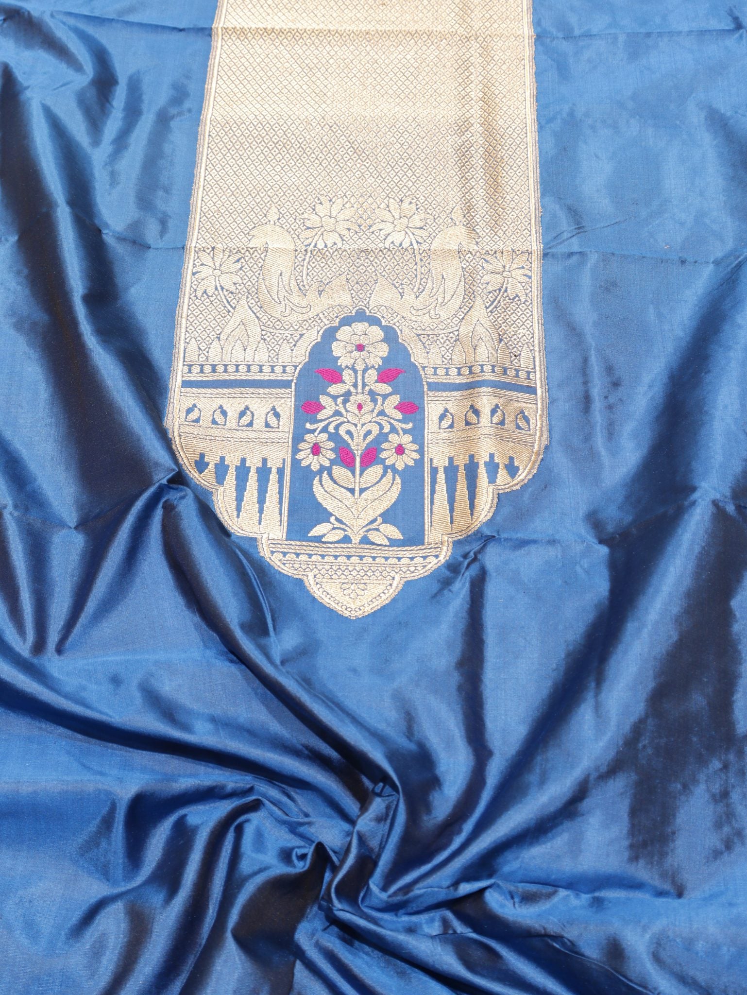 Peacock Blue Katan Silk Banarasi suit front drape view