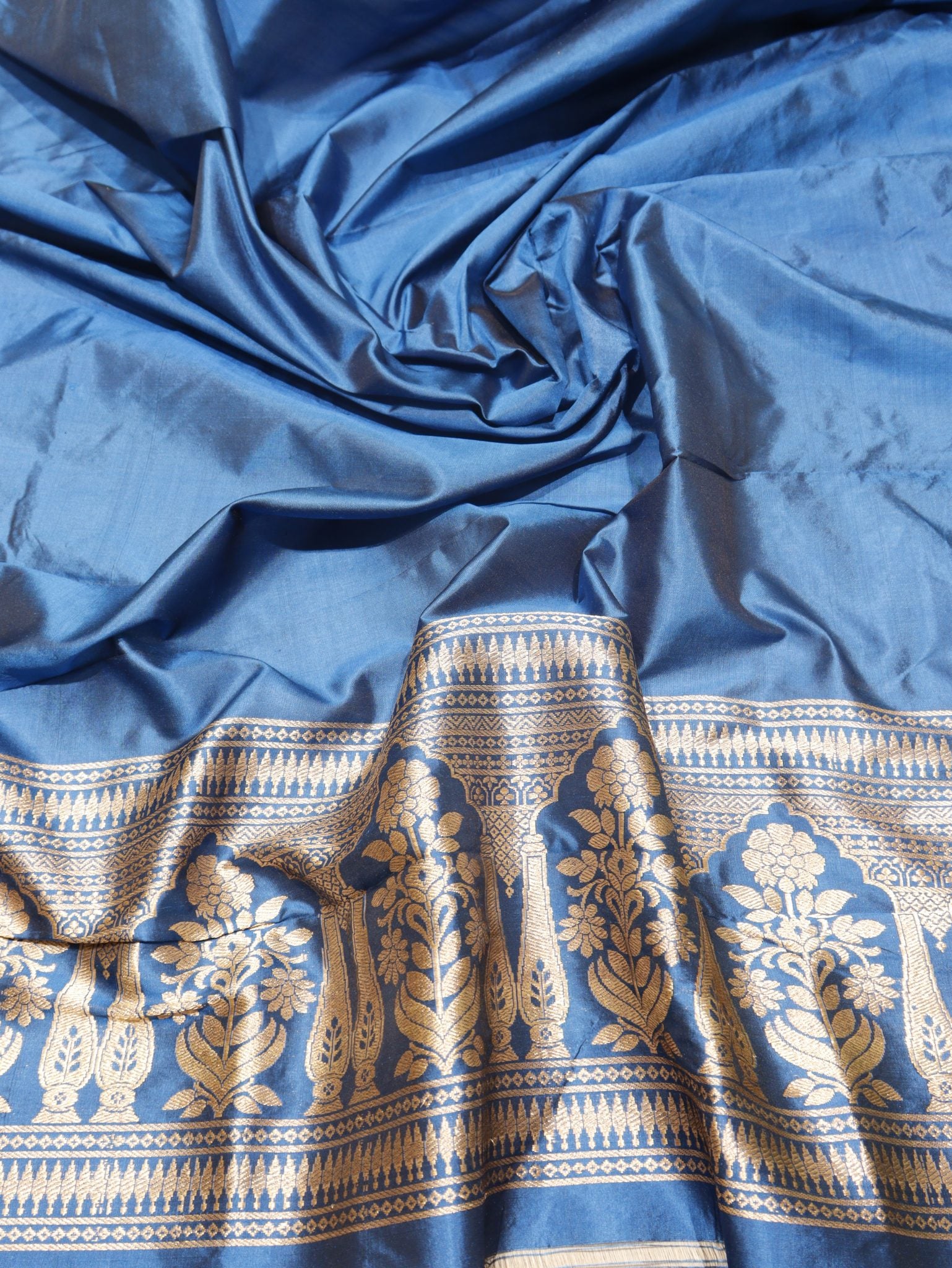 Peacock Blue Katan Silk Banarasi suit neckline detail