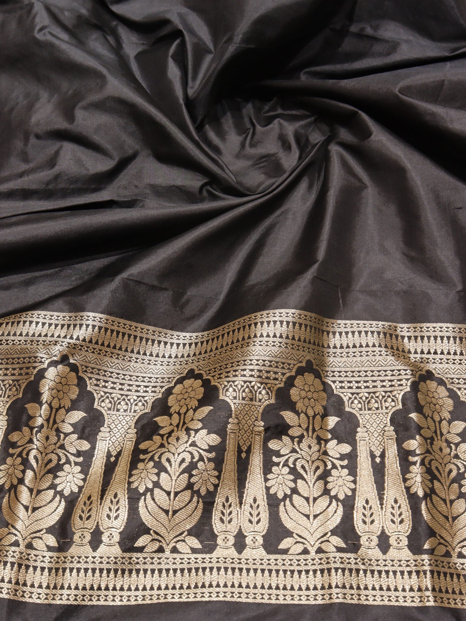 Black Katan Silk Banarasi suit neckline detail