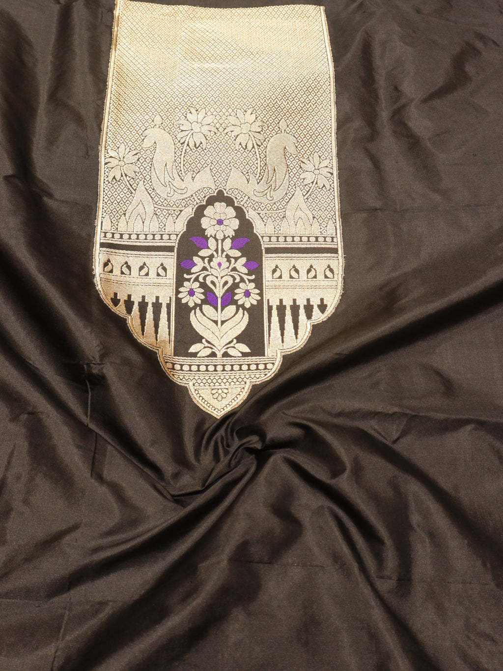 Black Katan Silk Banarasi suit front drape view