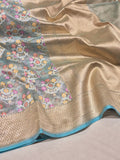 Ice Blue Tissue Silk Banarasi saree front drape view