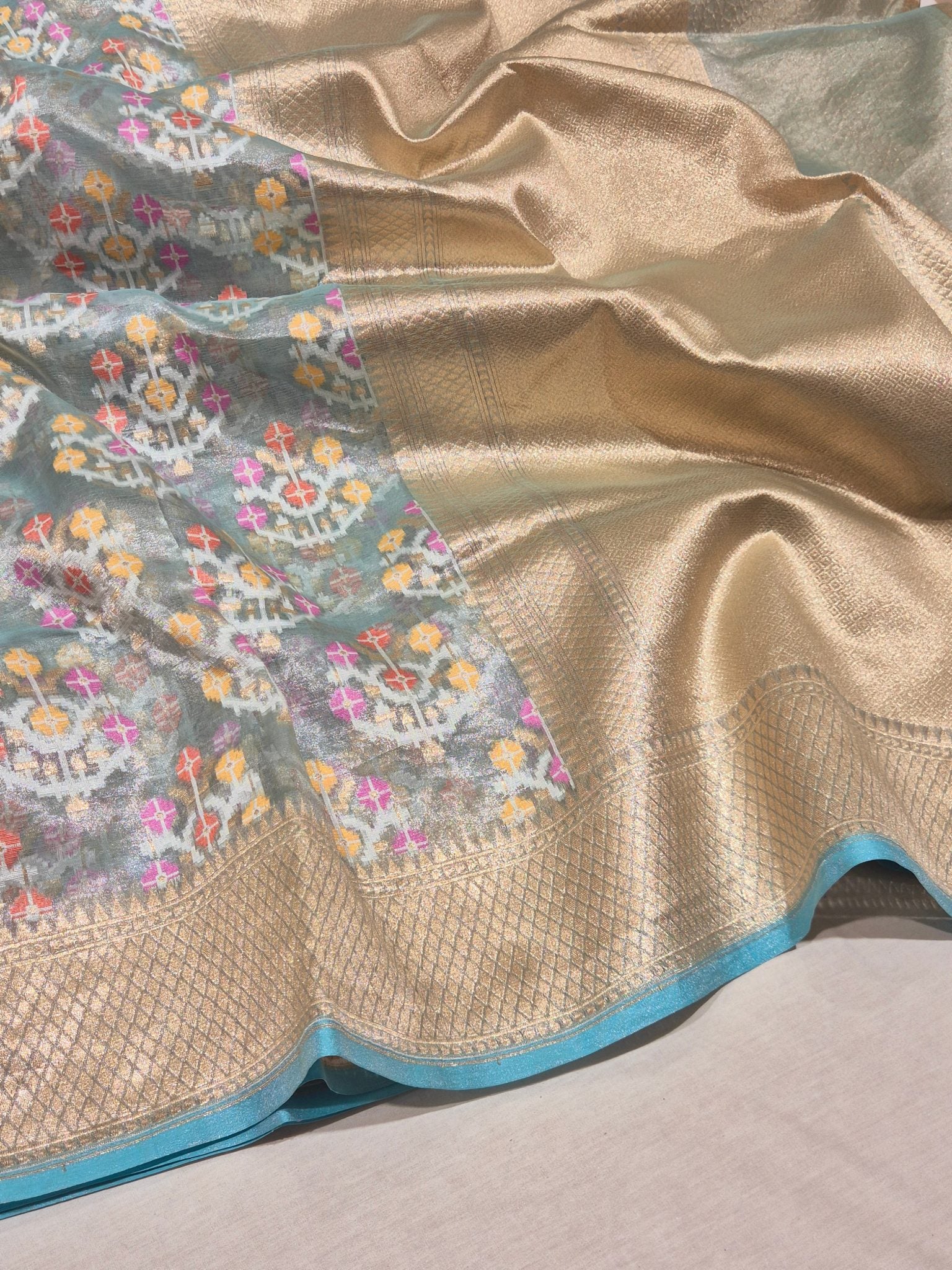 Ice Blue Tissue Silk Banarasi saree front drape view