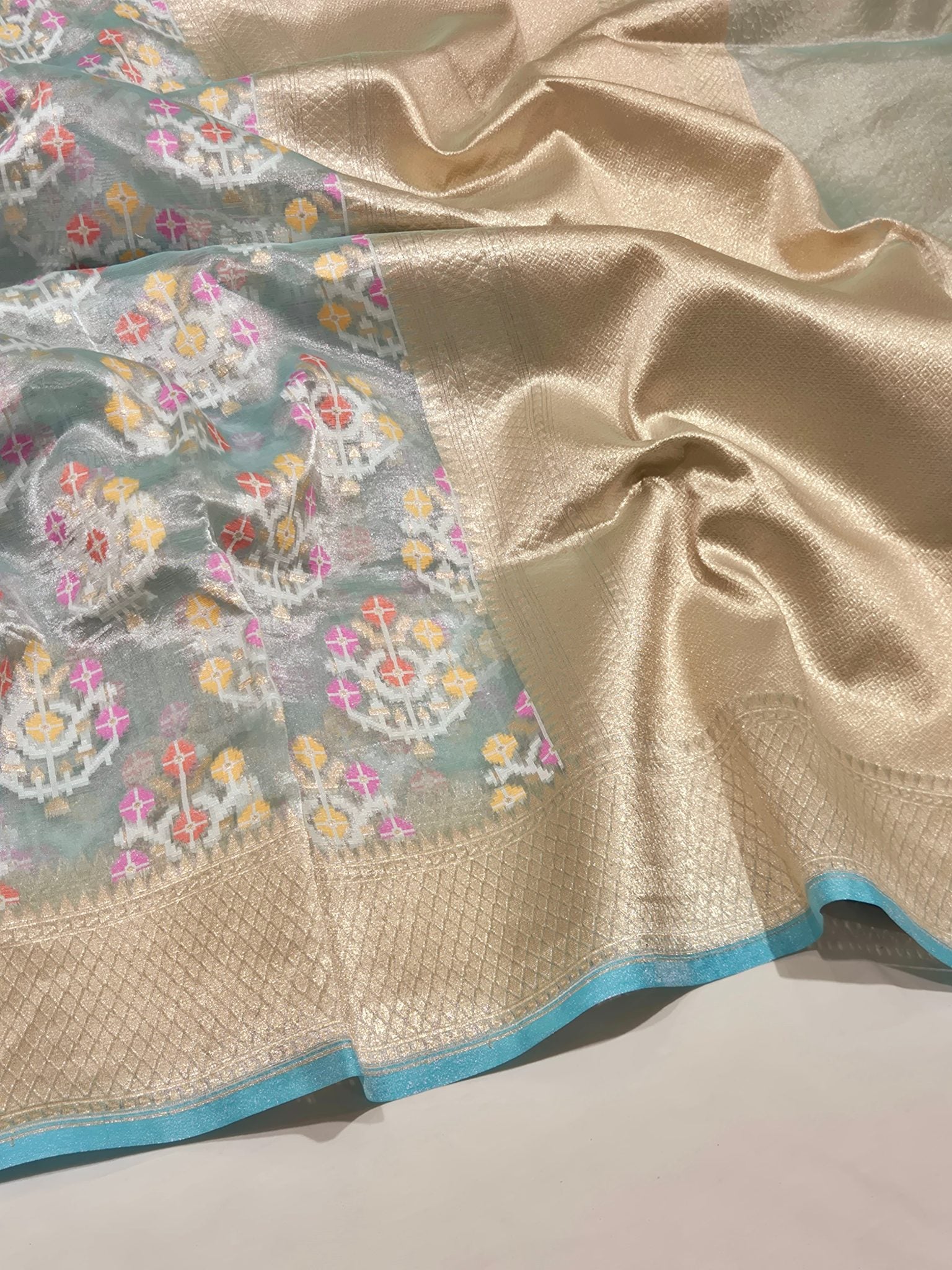 Ice Blue Tissue Silk Banarasi saree pallu detail