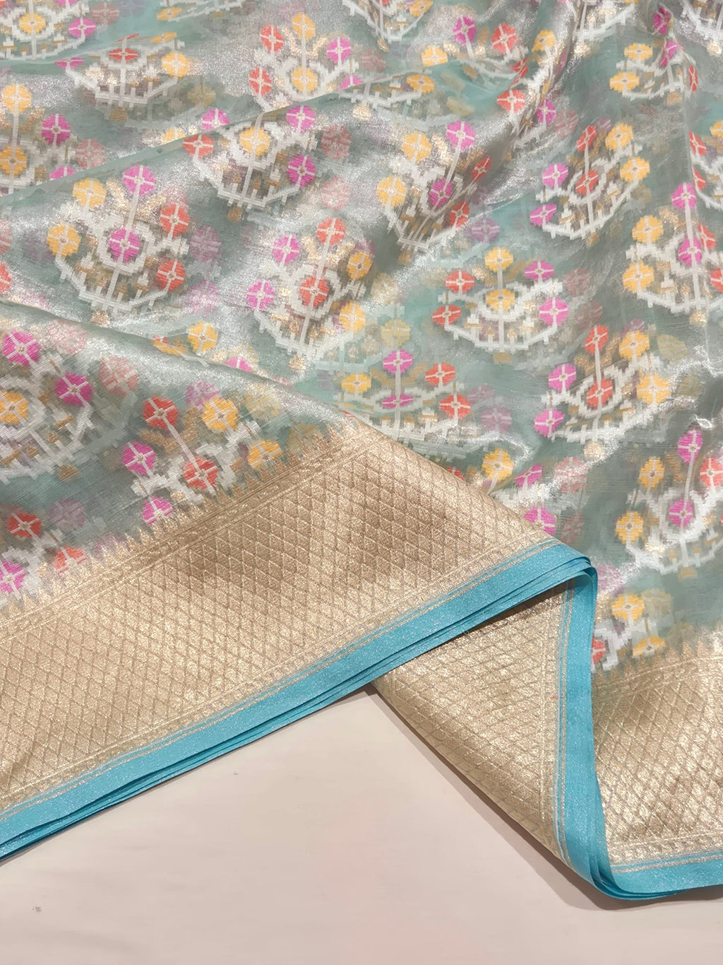 Ice Blue Tissue Silk Banarasi saree full spread