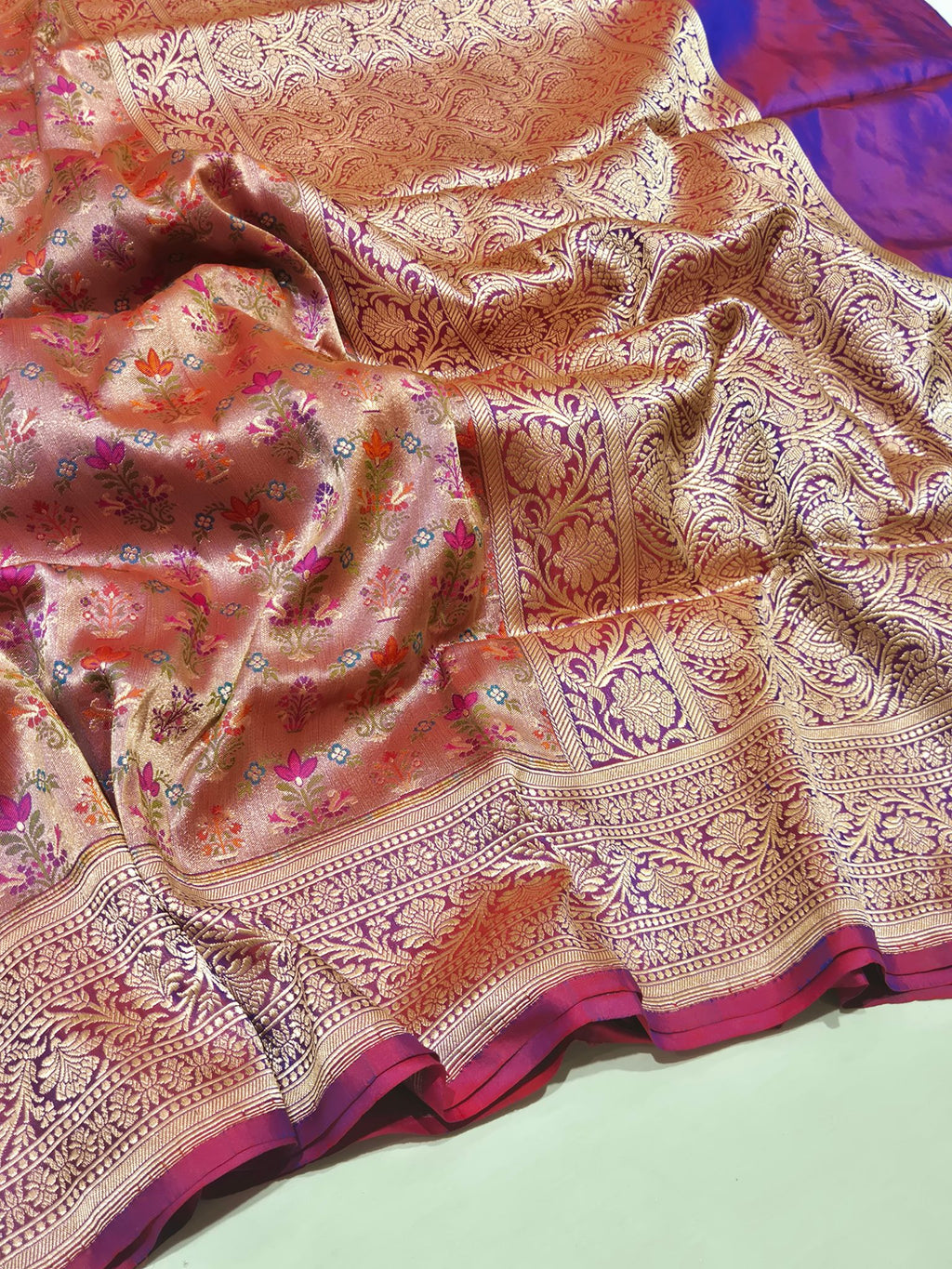Pink-Purple (Dhoop Chaon) Katan Silk Banarasi saree front drape view