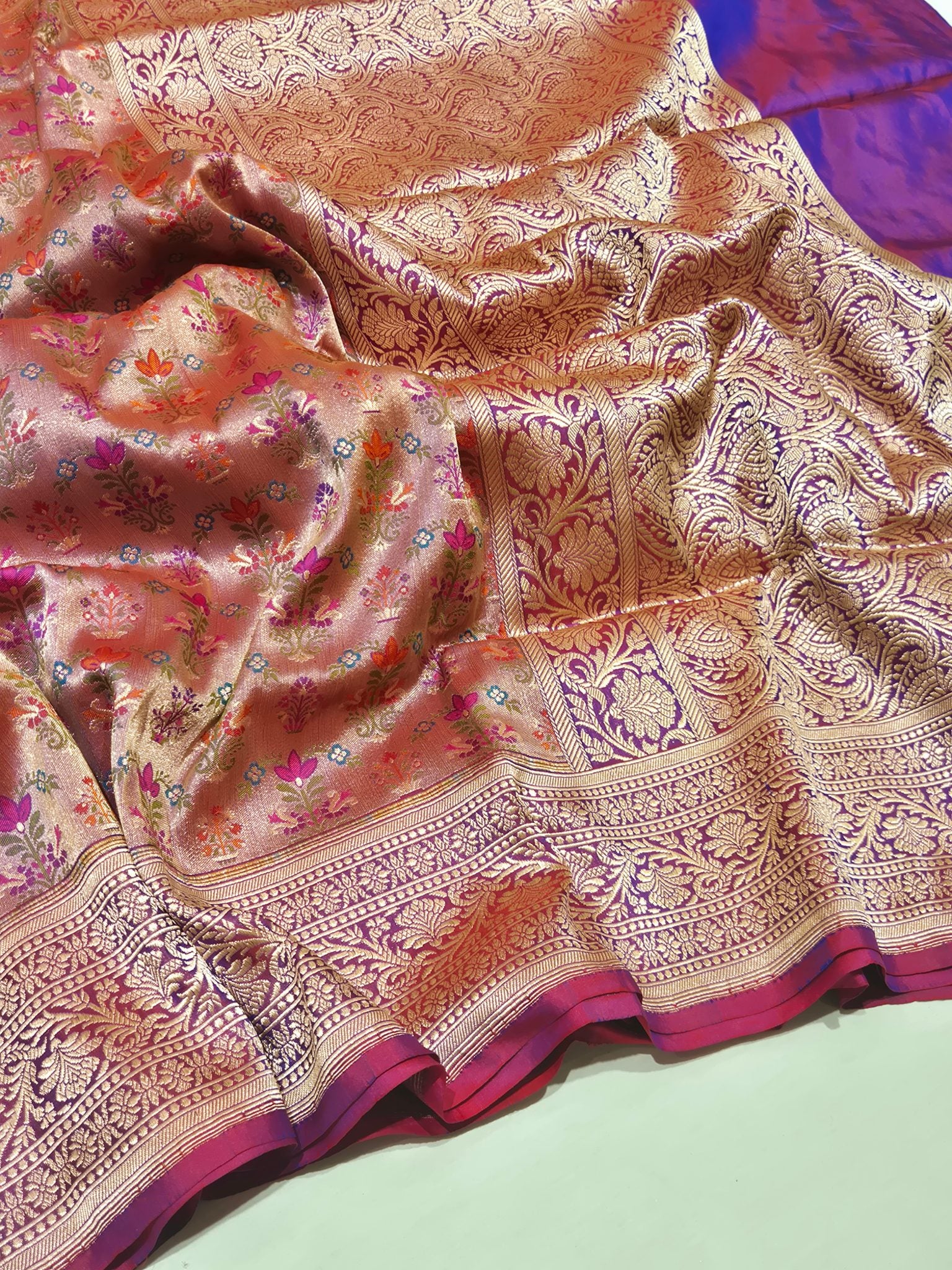 Pink-Purple (Dhoop Chaon) Katan Silk Banarasi saree front drape view