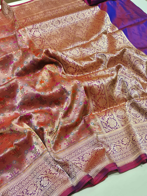 Pink-Purple (Dhoop Chaon) Katan Silk Banarasi saree pallu detail