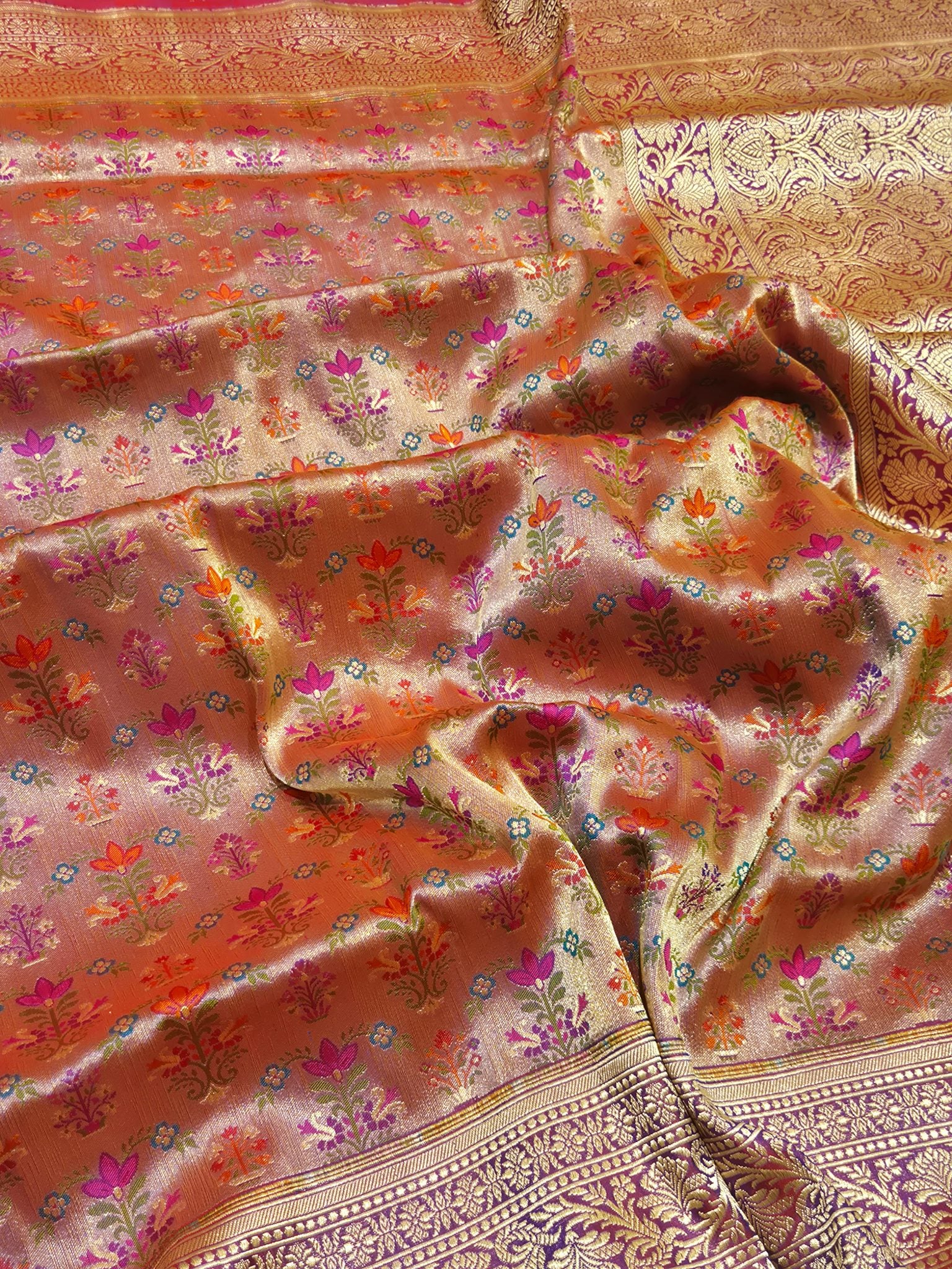 Pink-Purple (Dhoop Chaon) Katan Silk Banarasi saree border closeup