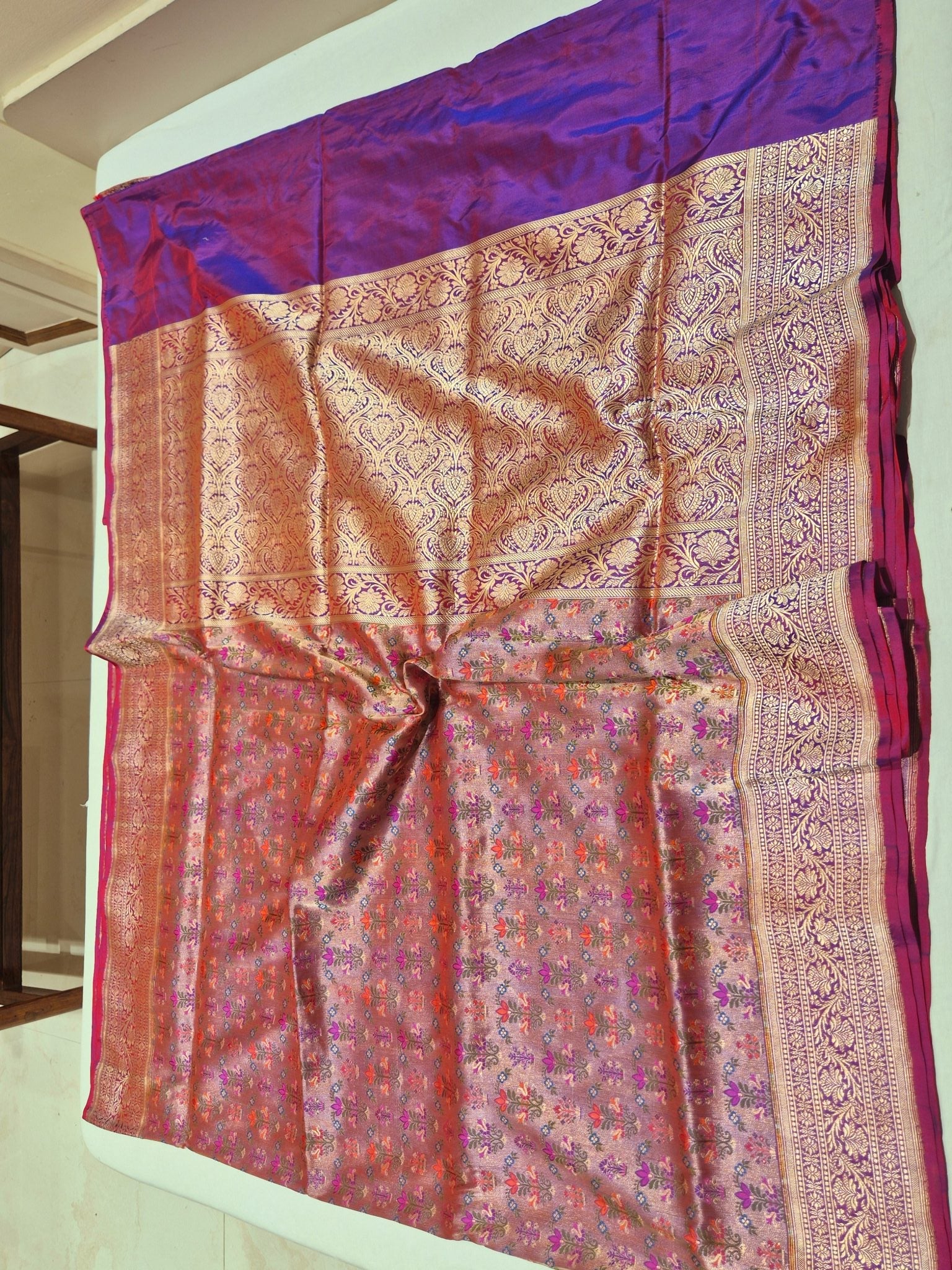 Pink-Purple (Dhoop Chaon) Katan Silk Banarasi saree zari work detail