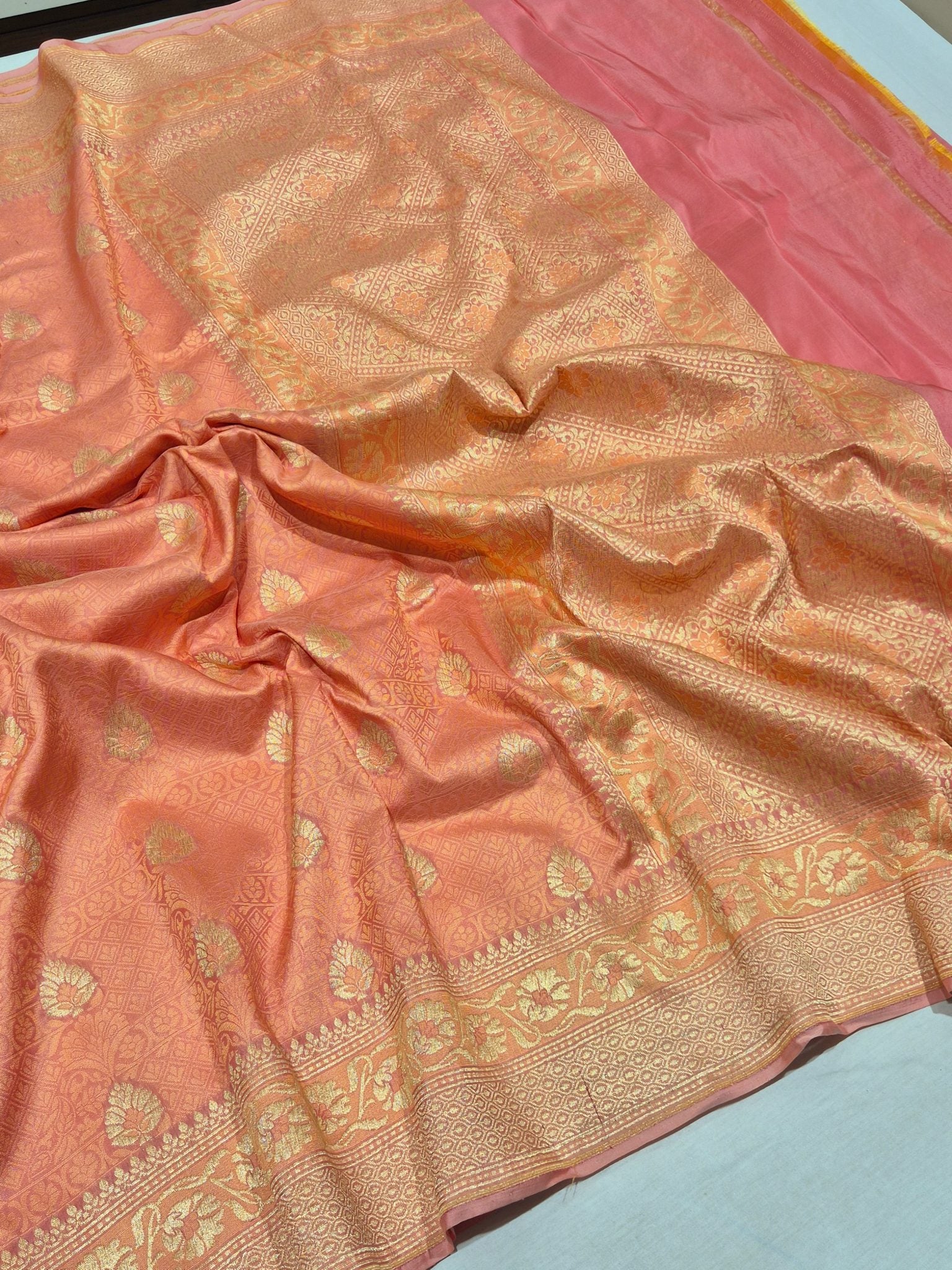 Peach Katan Silk Banarasi saree pallu detail