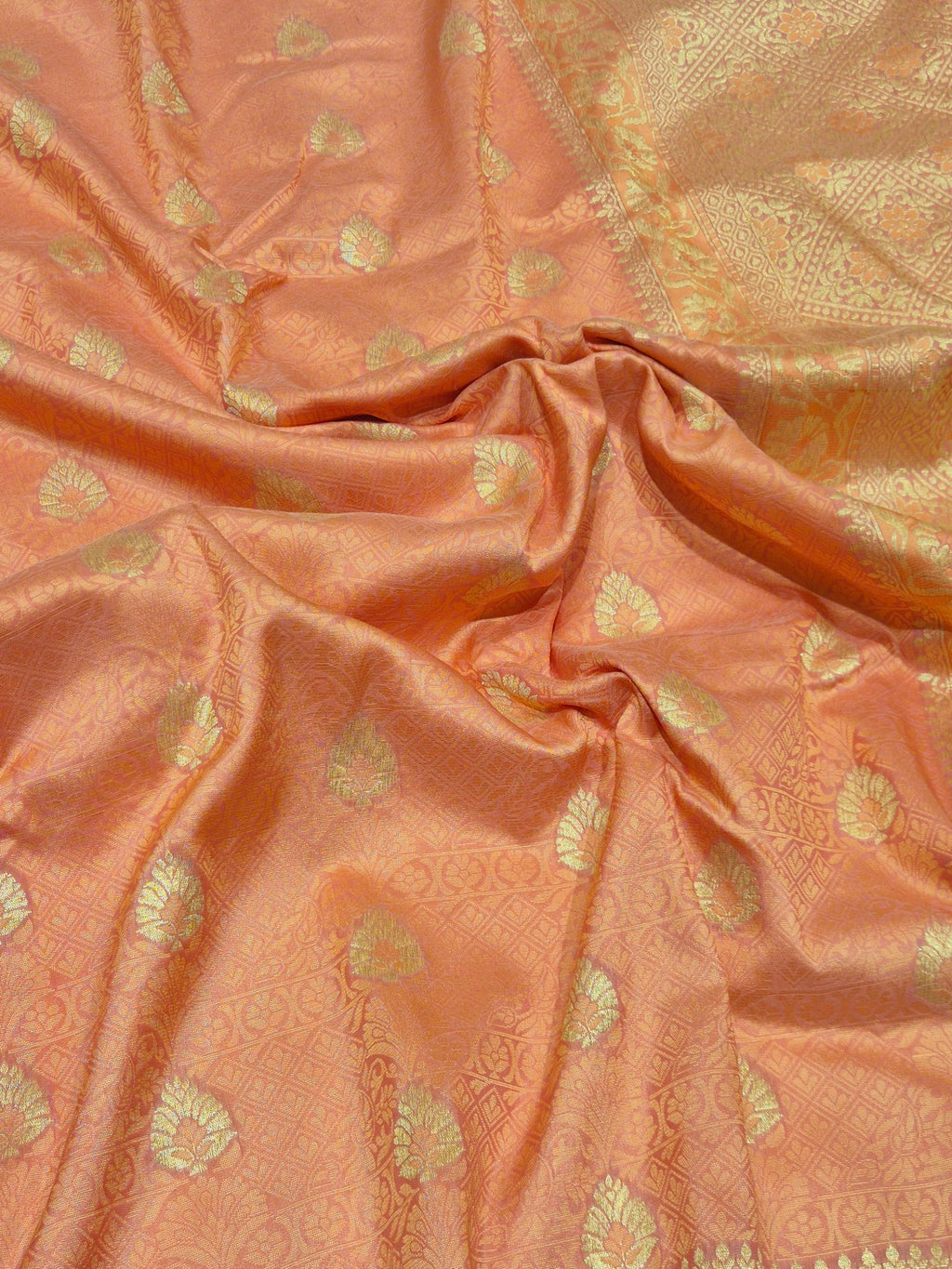 Peach Katan Silk Banarasi saree border closeup