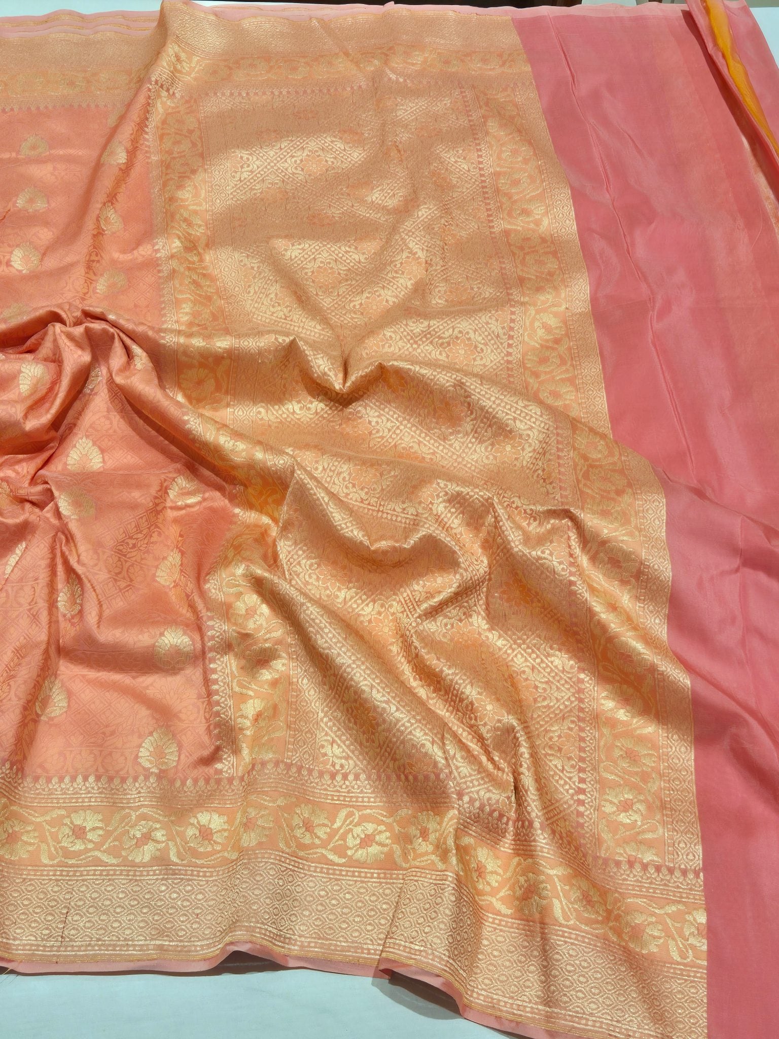 Peach Katan Silk Banarasi saree full spread