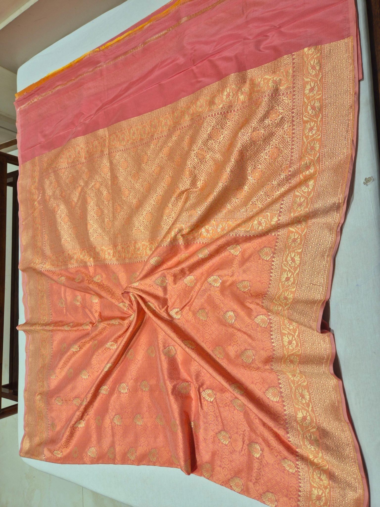 Peach Katan Silk Banarasi saree zari work detail