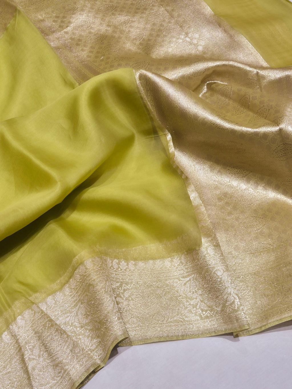 Green Kora Silk Banarasi saree front drape view