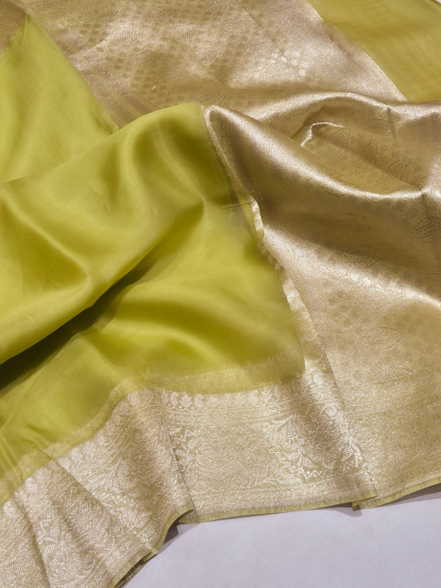 Green Kora Silk Banarasi saree front drape view