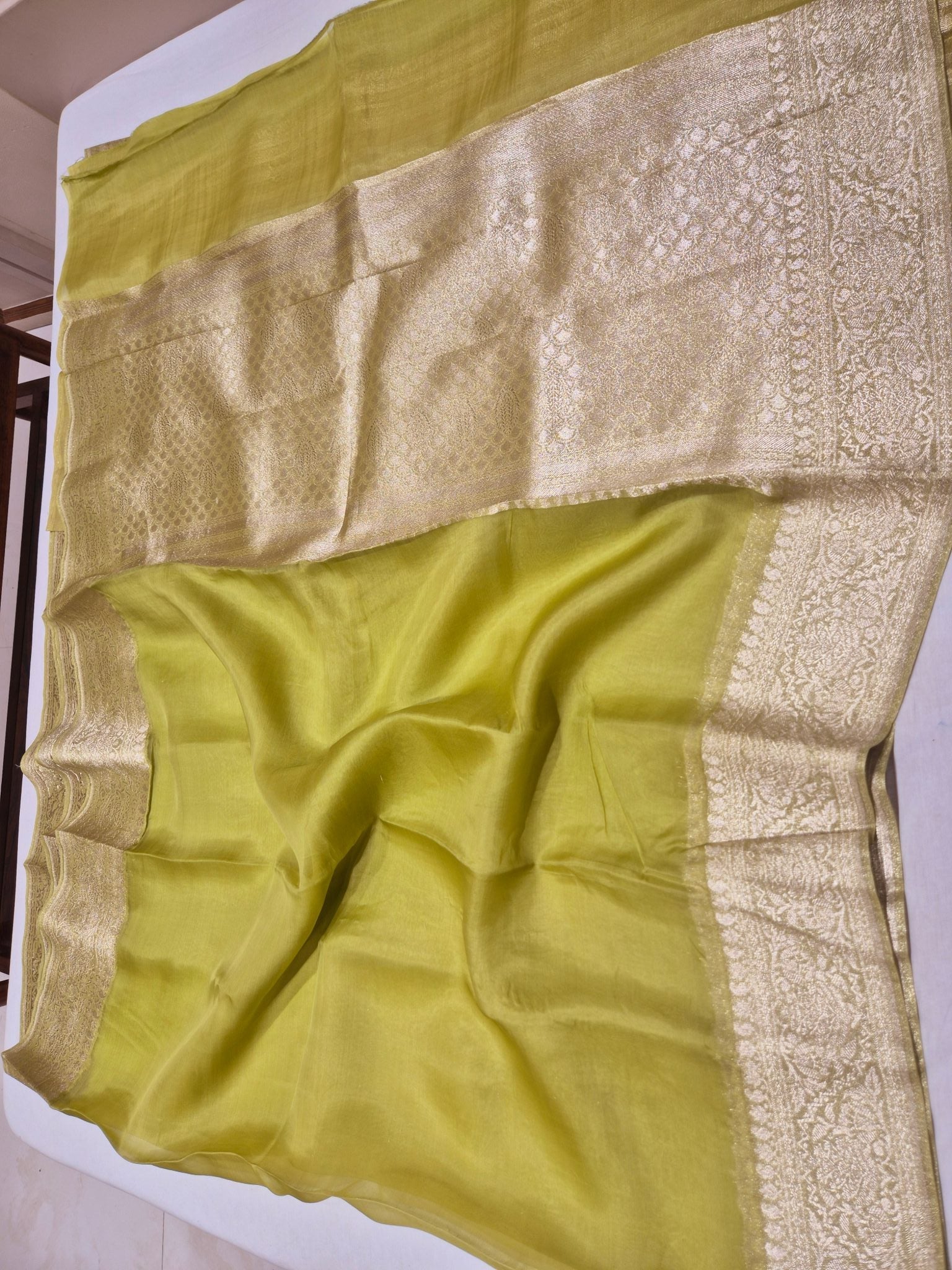 Green Kora Silk Banarasi saree texture detail