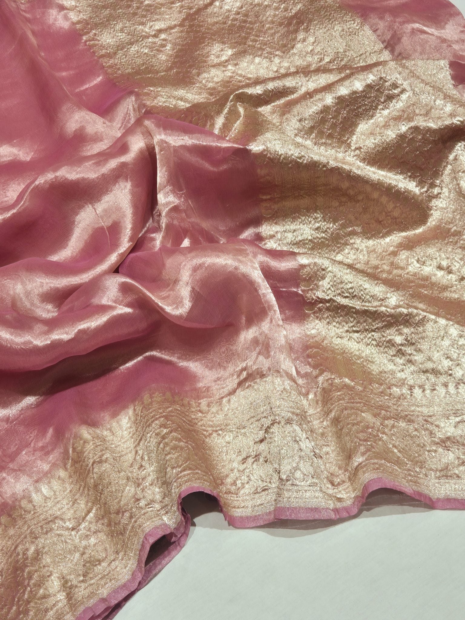 Soft Pink Tissue Silk Banarasi saree front drape view