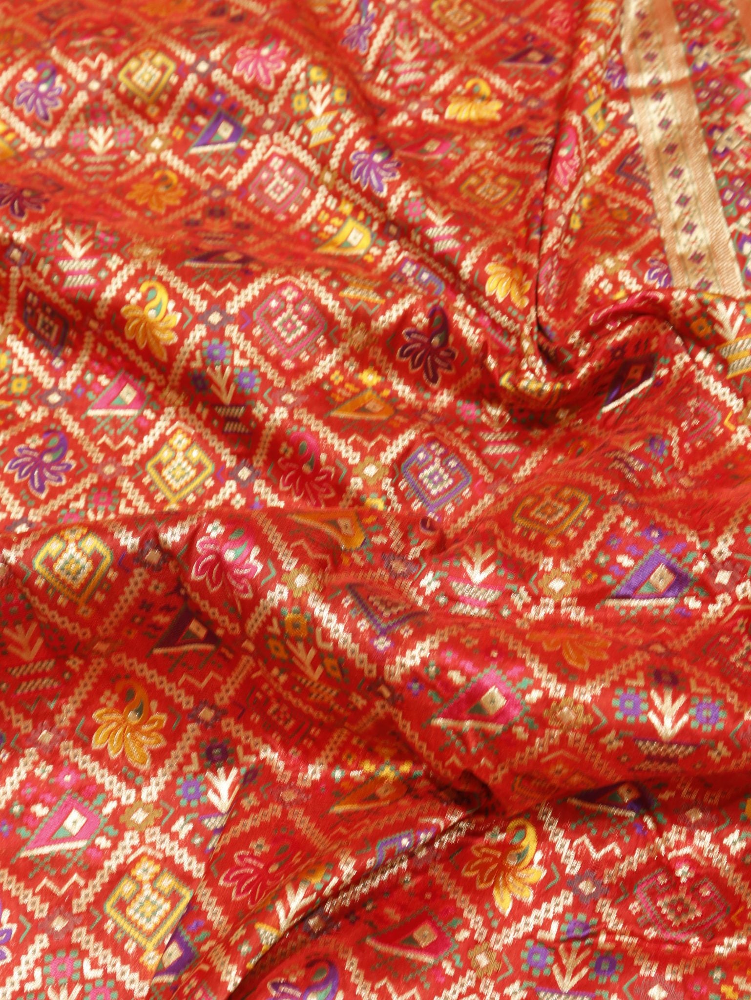 Red Katan Silk Banarasi saree border closeup