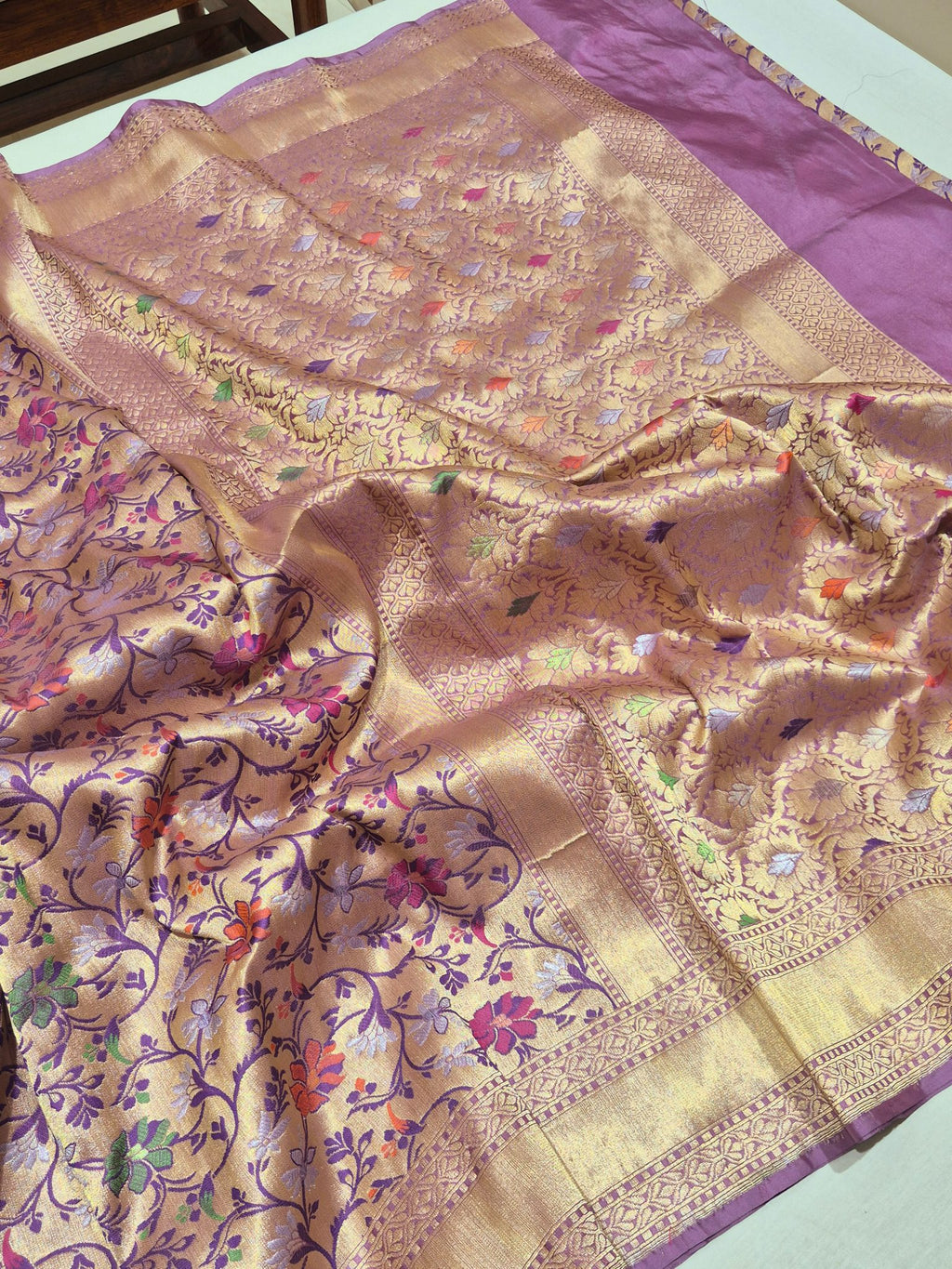 Purple Katan Silk Banarasi saree pallu detail