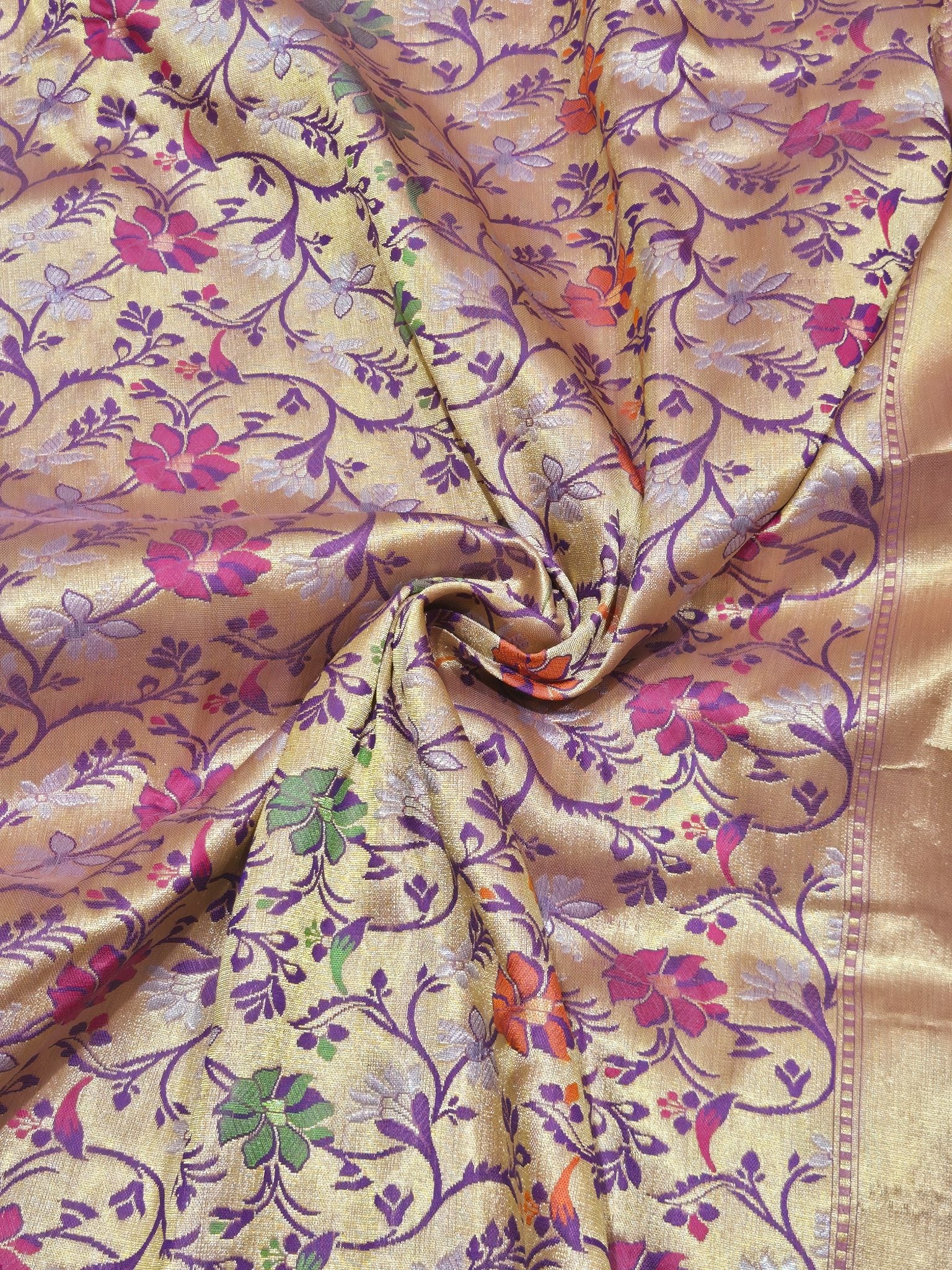 Purple Katan Silk Banarasi saree border closeup